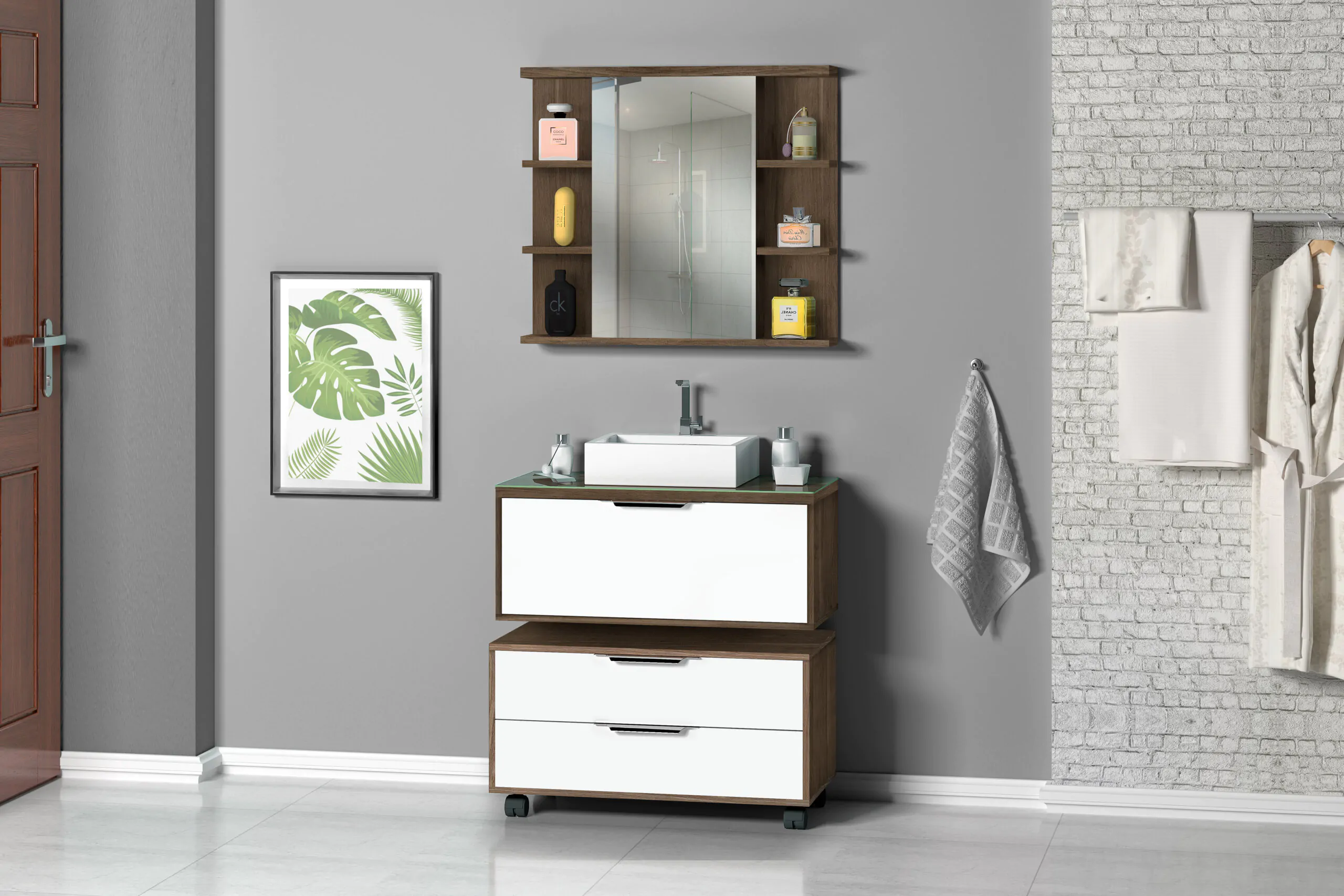 Kit Gabinete para Banheiro Vita 80 c/ Vidro - MM Gabinetes